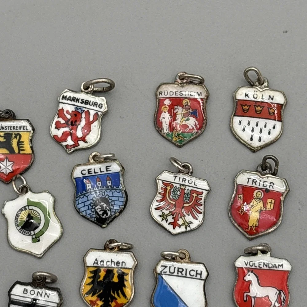 Lot of 24 Vintage 800 Silver REU ANTIKO Enamel European Travel Shield Charms 25g
